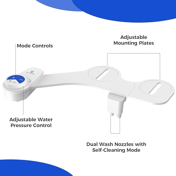 POCALAND Bidet Attachment for Toilet Seat, Non-Electric Cold Water Bidet with Pressure Controls, Dual Nozzles for Frontal & Rear Wash, Retractable Self-Cleaning for Female & Old- White