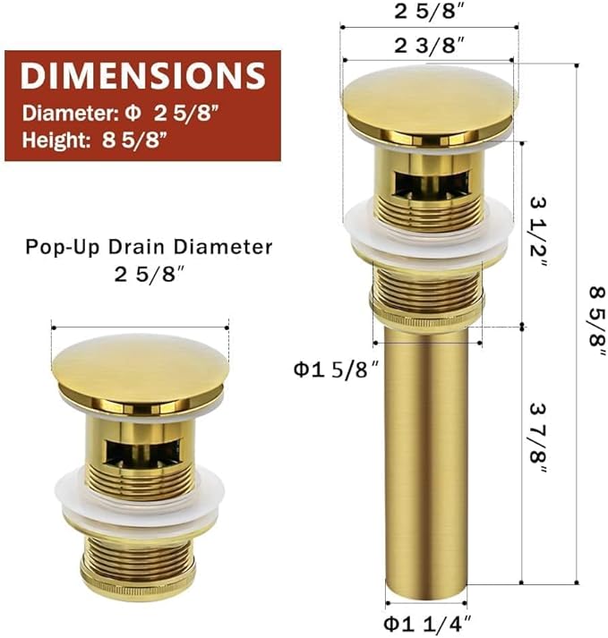 Bathroom Sink Drain with Overflow - Big Cap Design for Large Undermount Sink,Fit for Standard 1 3/4" Drain Opening - Pop Up Drain,Brushed Gold,Y1618Y-BG