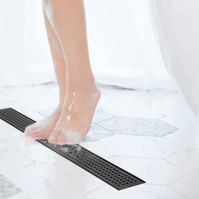 Neodrain 12-Inch Black Linear Shower Drain with Removable Quadrato Pattern Grate,Professional 304 Stainless Steel Rectangle Shower Floor Drains Manufacturer, Hair Strainer,Matte Black Linear Drain