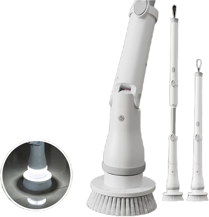 LED Electric Spin Scrubber, 52" Extendable Handle, 90 Mins Long Runtime, 8-in-1 Multi-Function Brush Heads, IPX7 Waterproof, Deep Clean Bathroom Grout, Tile and Kitchen