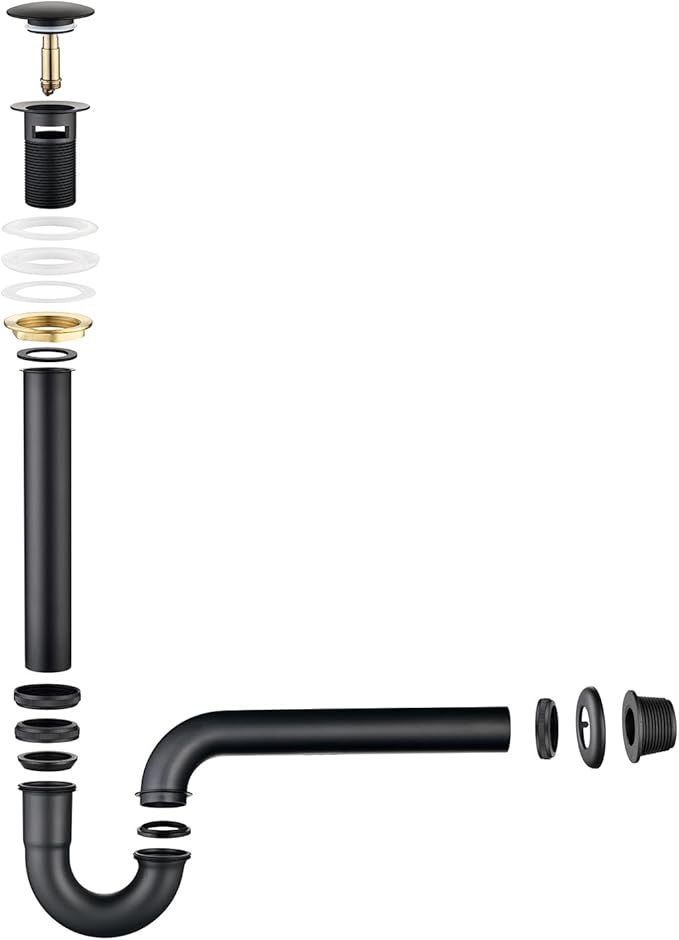 Thickened Brass P Trap Set: 1-1/4 P Trap with Bathroom Sink Stopper - Sink Drain Plumbing Kit for Pipe Replacement (Black, with Overflow)