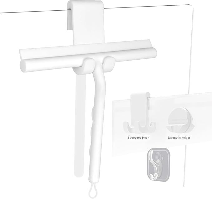 Squeegee for Shower Glass Doors, Resilient Loop - No-Drill & Adhesive Hook, Silicone Shower Squeegee with Stainless Steel Core, Cleaning Tool for Home, Kitchen, Bathroom & Car - White