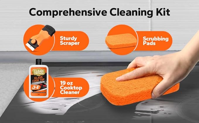 3-in-1 Cooktop Cleaner Kit (19 Oz Cooktop Cleaner + Scrubbing Pad + Scraper), Stovetop Cleaner for Electric Top Stoves, Ceramic Cooktops & Fireplace Glass, Remove Burned on Food, Grease