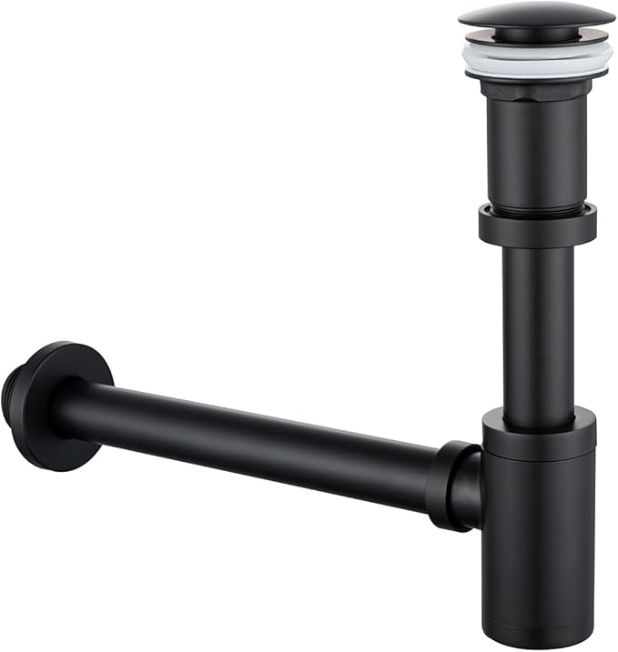 RANDOM Black Brass Bottle P Trap Contemporary Round Bottle P-Trap 1 1/4 with Pop Up Drain Without Overflow Matte Black 83888MBS.