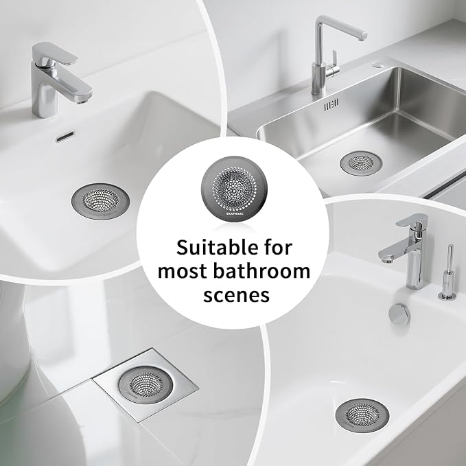 TRAPMATE Shower Hair Drain Catcher, Easy Clean Bathtub Drain Hair Catcher, Fast Drainage Tub Drain Protector, Stainless Steel Shower Drain Cover for US Standard Regular & Pop-up Drain Screen (Black)
