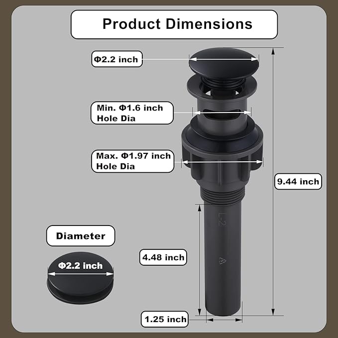 Bathroom Sink Drain, Pop Up Drain Stopper for Bathroom Sink and RV Sink, with Overflow, Matte Black Vessel Sink Drain, Built-in Anti-Clogging Strainer