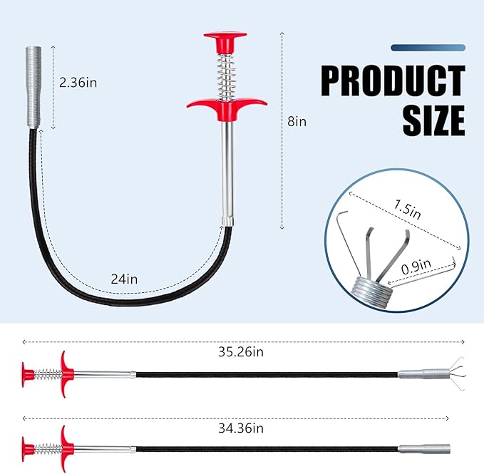 24''Flexible Grabber Claw, 4 Claws Drain Snake with Tweezers, Retractable Drain Clog Remover Tool, Bendable Hose Grabber Reacher Tool, Pickup Tool for Bath Tub, Toilet, Kitchen Sink & Sewer
