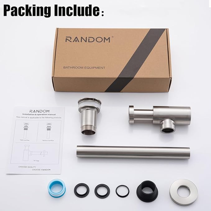 RANDOM Brushed Nickel Brass Bottle P Trap Kit Contemporary Round Bottle P-Trap 1 1/4 with Pop Up Drain with Overflow.83888BN-S6