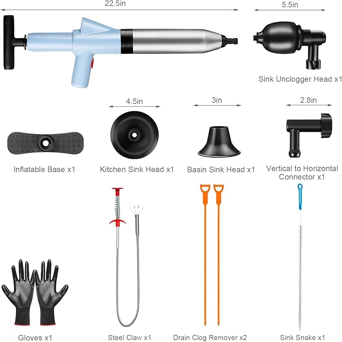 Fast High Pressure Toilet Plunger with Real-Time Barometer | Heavy Duty Air Drain Blaster & Unclogger Tool for Bathroom, Toilets, Sinks, Tubs, Pipes | Clog Remover Kit & Toilet Snake Alternative