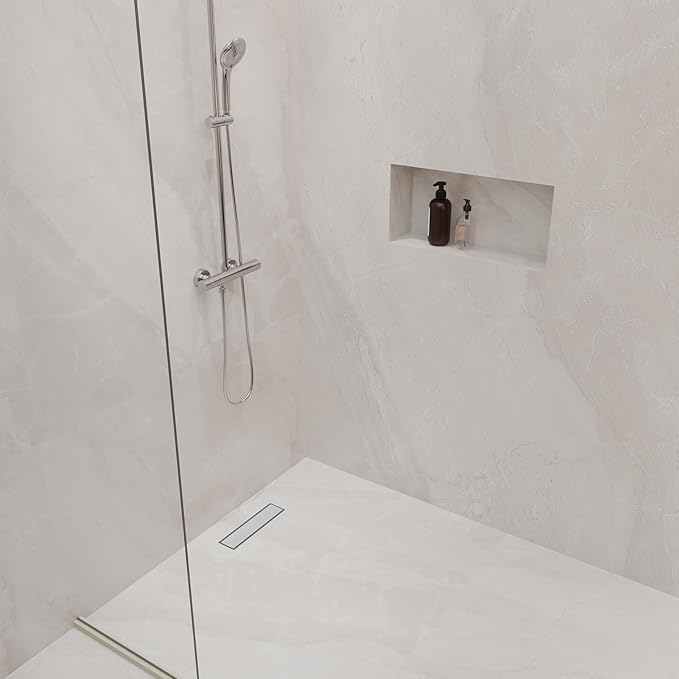 12-Inch Linear Shower Drain with Tile Insert Grate, SUS 304 Stainless Steel Linear Drain, Brushed Nickel Long Rectangle Shower Floor Drain with Leveling Feet, Hair Strainer, Fits Bathroom