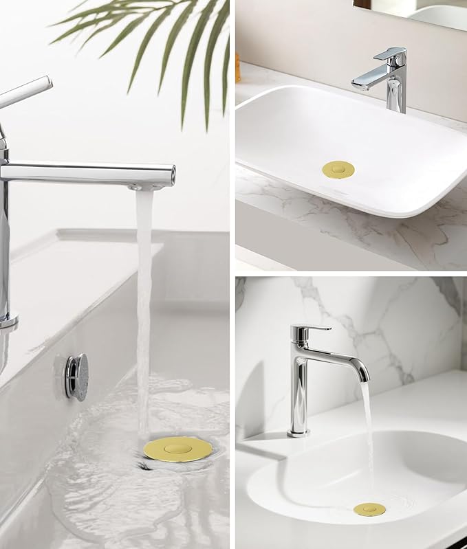 Upgraded Bathroom Sink Stopper with Hair Catcher - Universal Pop-Up Drain Plug, Stainless Steel & Silicone Seal for 1.1-1.5 Inch Drains, Gold Matte Brushed Finish (Gold Matte Brushed)