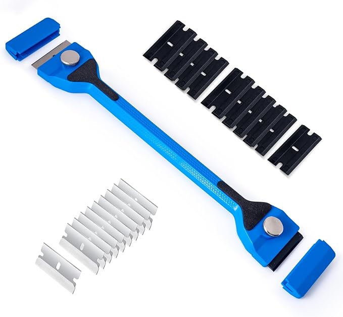 FOSHIO Long Handle Razor Blade Scraper, Two Sided Scraper Tool with Double Edged 10PCS Plastic Razor Blades & 10PCS Metal Razor Blades for Scraping on Stove Glass, Cleaning Glue, Decal, Sticker, Label