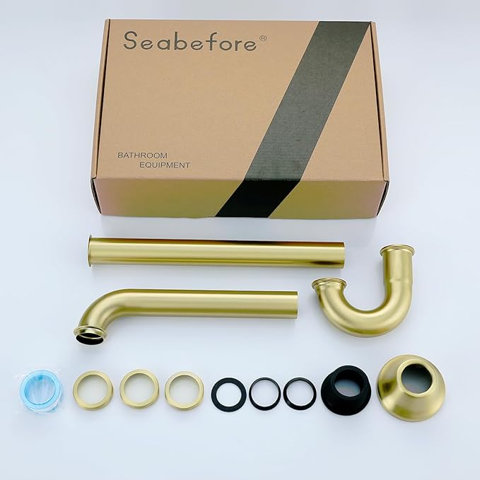 Brass P Trap U-Shape 11/4 inch Sink Drain Pipe with Slip Joint Extension Tub,12 inch Vertical Pipe length Adjustable Height Sink Waste Trap Drain Kit,Brushed Gold,SE83555BG-L