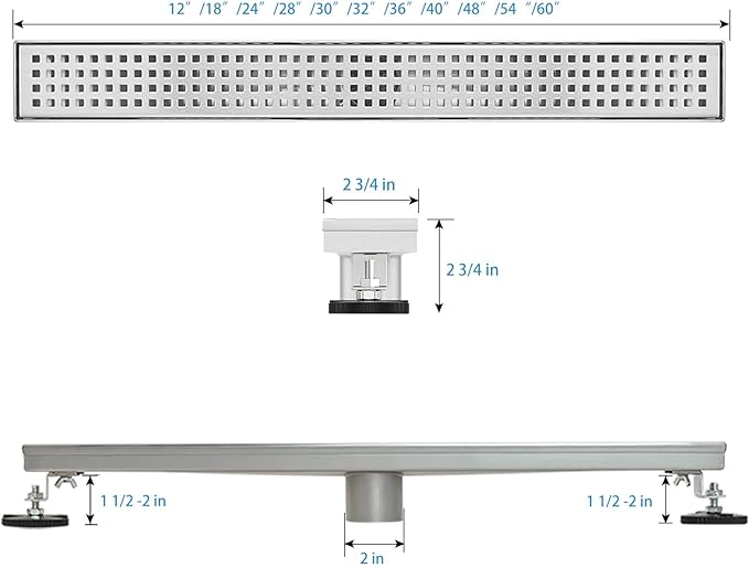 SaniteModar Linear Shower Drain, Shower Drain 48 inch with Removable Square Hole Panel, AISI Brushed 304 Stainless Steel Shower Floor Drain with Adjustable Feet and Hair Strainer