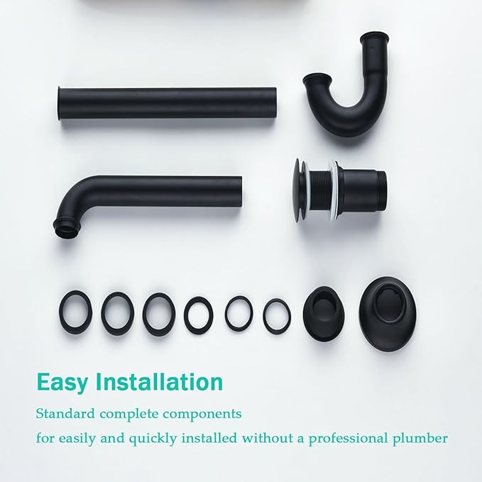 Brass P Trap with Pop Up Drain Stopper,U-Shape 1 1/4 Slip Joint Extension Tub Sink Drain Pipe,12 inch Pipe length Adjustable Height Sink Waste Trap Drain Kit,Matte Black(Without Overflow)