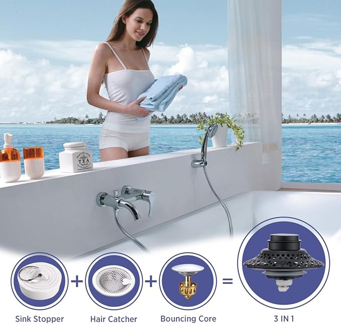 2 Pack Universal Bathtub Drain Stopper with Removable Hair Catcher, 3-in-1 Pop-up Drain Plug Fits 1.38 to 2.1 Inch Holes, Upgrade Shower Drain Cover with Stainless Steel Filter