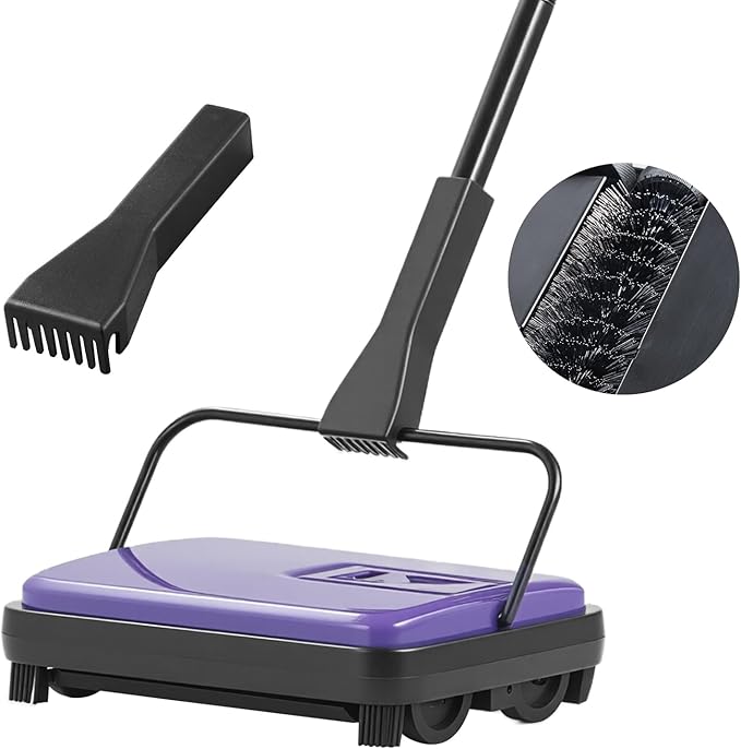 VEVOR Carpet Sweeper Manual, Floor Sweeper with 300 ml Dustbin Capacity Easy to Empty, 6.7 inch Cleaning Width for Home Office Carpets Pet Hair Dust, Purple