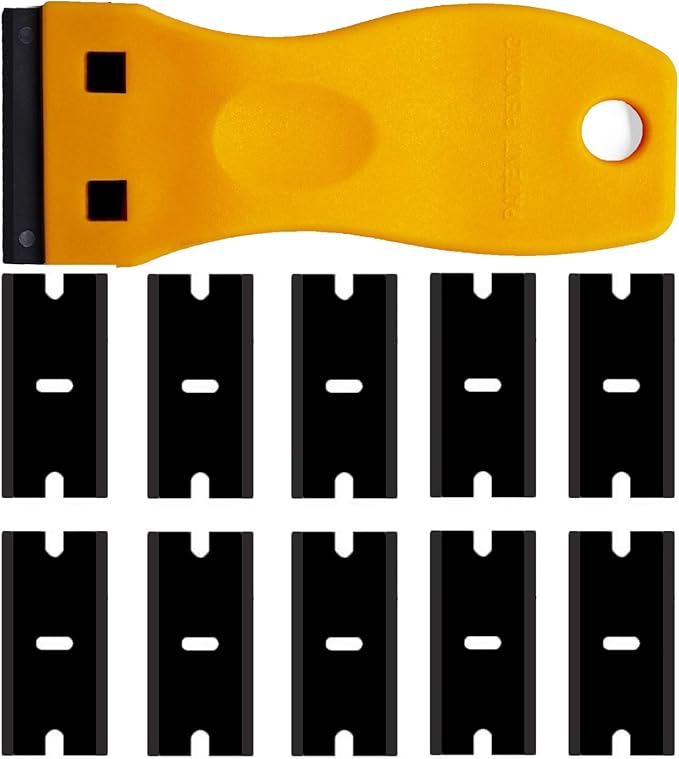 Double Edged Plastic Razor Blade Scrapers Knife with Contoured Grip for Scraping Labels and Decals Sticker From Glass, Windshields and Auto Window Tint Vinyl Tool Application(Yellow Scraper+10 Blades)