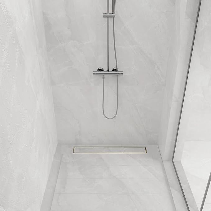 28-Inch Linear Shower Drain with Tile Insert Grate, SUS 304 Stainless Steel Linear Drain, Brushed Gold Long Rectangle Shower Floor Drain with Leveling Feet, Hair Strainer, Fits Bathroom