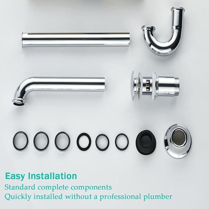 Brass P Trap with Pop Up Drain Stopper With Overflow,U-Shape 1 1/4 Slip Joint Extension Tub Sink Drain Pipe,12 inch Pipe length Adjustable Height Sink Waste Trap Drain Kit,Chrome
