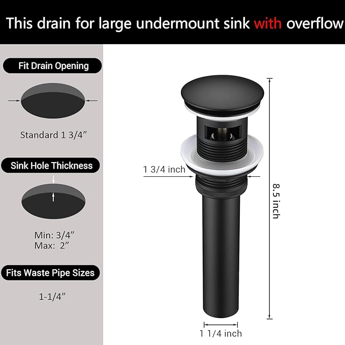 Bathroom Sink Drain with Overflow - Big Cap Fit for Large Undermount Sink with 1 3/4" Drain Opening - Pop Up Vanity Sink Drain,Matte Black