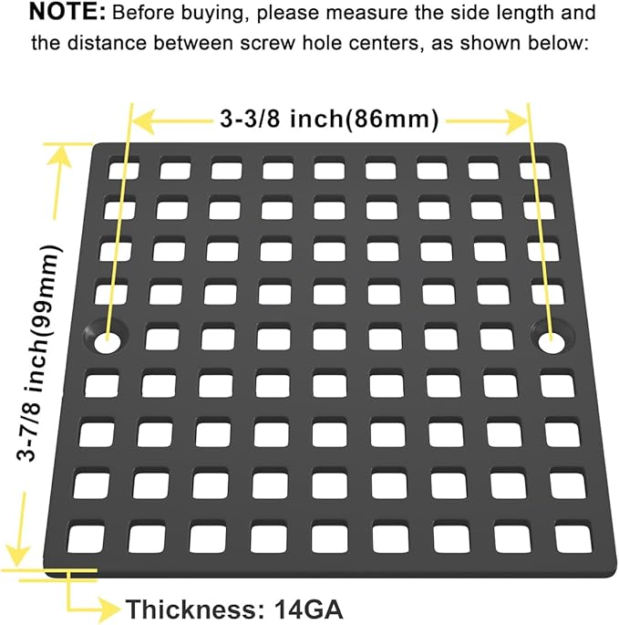 3-7/8" Matte Black Shower Drain Cover - Square Floor Drain Cover Replacement - Hair Catcher/Drain Strainer for Bathrooms, Showers, and Sinks - SUS304 Stainless Steel & CUPC Certified