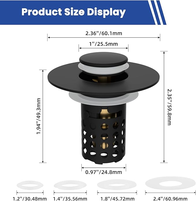 Universal Bathroom Sink Drain Strainer Hair Catcher Upgraded with Removable Stainless Steel Filter Basket, 3 in 1 Pop Up Sink Stopper for 1.1''~2.36'' Sink Basin Hole, Matte Black