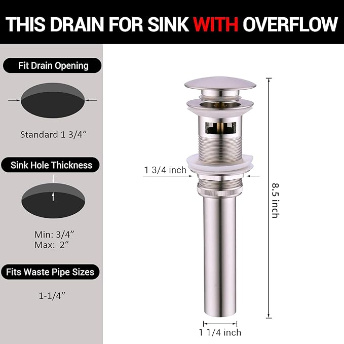 Bathroom Sink Drain with Overflow - Big Cap Pop up Drain Fit for Large Undermount Sink with Standard 1 3/4" Drain Opening,Brushed Nickel,YDPOP-3