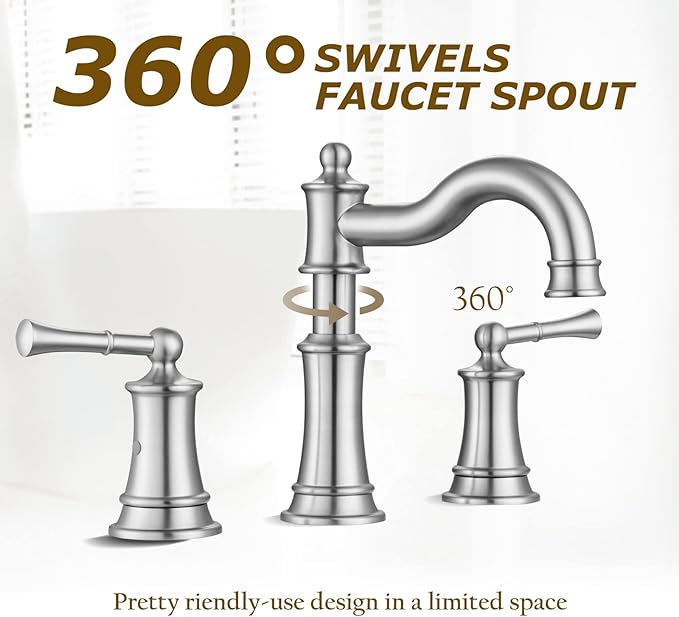 Roman Bathroom Sink Faucet Deck Mount or Wall Mount Installation Pop-up Drain Assembly with Overflow Deck Plate and Water Supply Lines Included (3 Hole Deck Mount, Brushed Nickel)