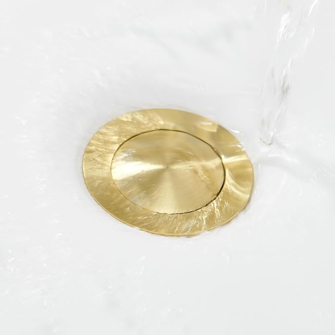 Pop up Sink Drain Stopper for Bathroom Vessel Vanity Sink Art Basin Brushed Gold, Small Cap with Overflow, Metal Pop-up Drain Strainer with Detachable Basket Stopper