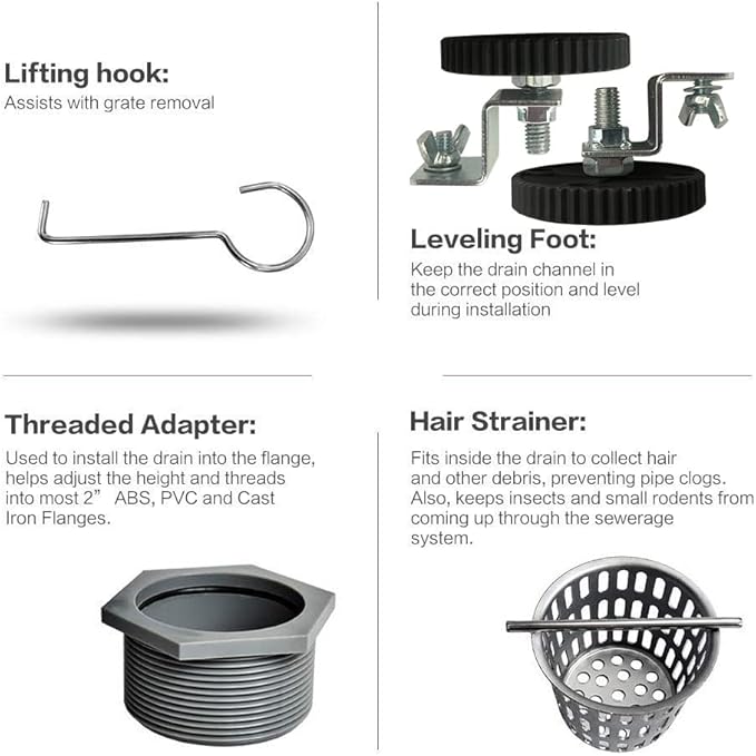 Neodrain 54-Inch Linear Shower Drain with Removable Quadrato Pattern Grate,Brushed 304 Stainless Steel Rectangle Shower Floor Drainr, Linear Drain with Leveling Feet,Hair Strainer