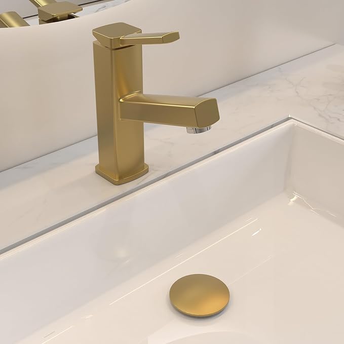 Bathroom Pop up Drain Without Overflow, Anti-Clogging Vessel Sink Drain Strainer, Pop Up Drain with Detachable Basket, Hair Catcher Bathroom Sink Drain Stopper(Brushed Gold, No Overflow)