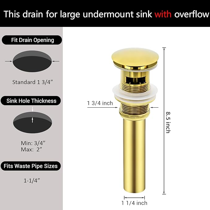 Bathroom Sink Drain with Overflow - Big Cap Fit for Large Undermount Sink with 1 3/4" Drain Opening - Pop Up Vanity Sink Drain,Polish Gold,Y1618Y-TG