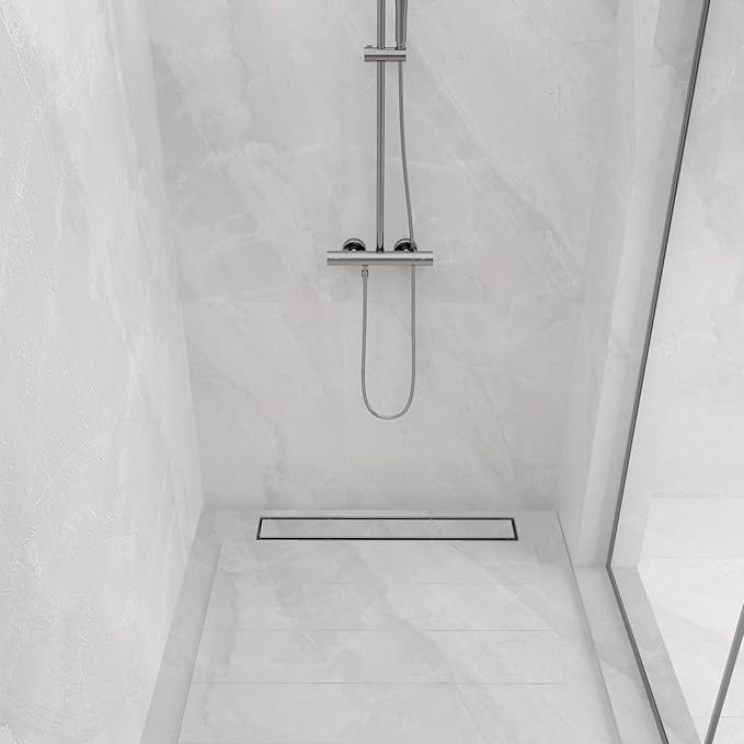 24-Inch Linear Shower Drain with Tile Insert Grate, SUS 304 Stainless Steel Linear Drain, Matte Black Long Rectangle Shower Floor Drain with Leveling Feet, Hair Strainer, Fits Bathroom