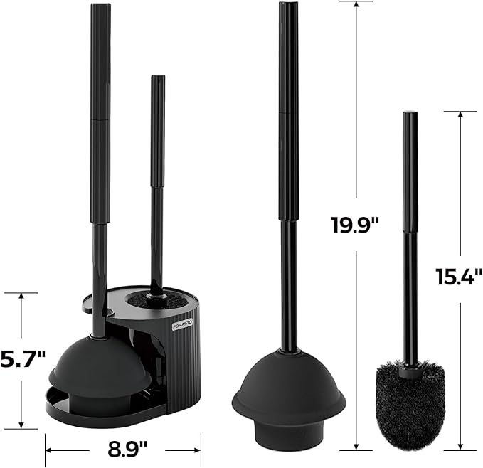 FORASTO 2Pack 2 in 1 Toilet Brush and Plunger Set, Extended Handle Plunger,Toilet Bowl Brush Plunger Set,Bathroom Cleaning Tools,Toilet Brush Plunger Combo,Cleaning Supplies,Black