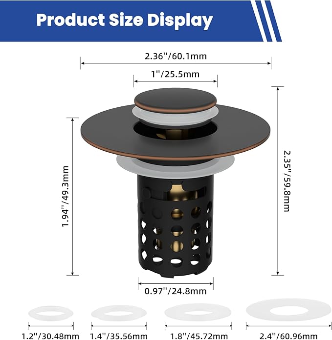 Universal Bathroom Sink Drain Strainer Hair Catcher Upgraded with Removable Stainless Steel Filter Basket, 3 in 1 Pop Up Sink Stopper for 1.1''~2.36'' Sink Basin Hole, Oil Rubbed Bronze