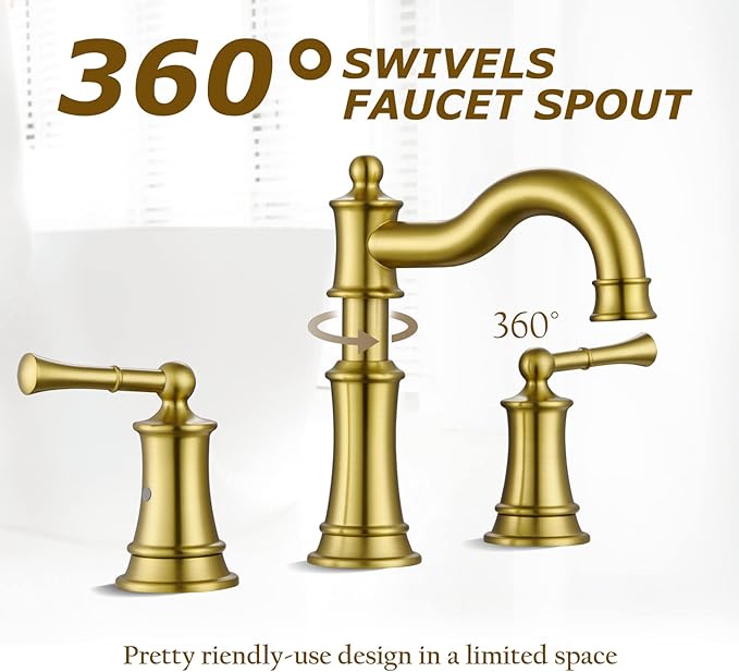 Roman Bathroom Sink Faucet 3 Holes Brushed Gold 2 Handle Widespread 8 inch Deck Mount Installation with Overflow Pop Up Drain Assembly and Water Supply Lines