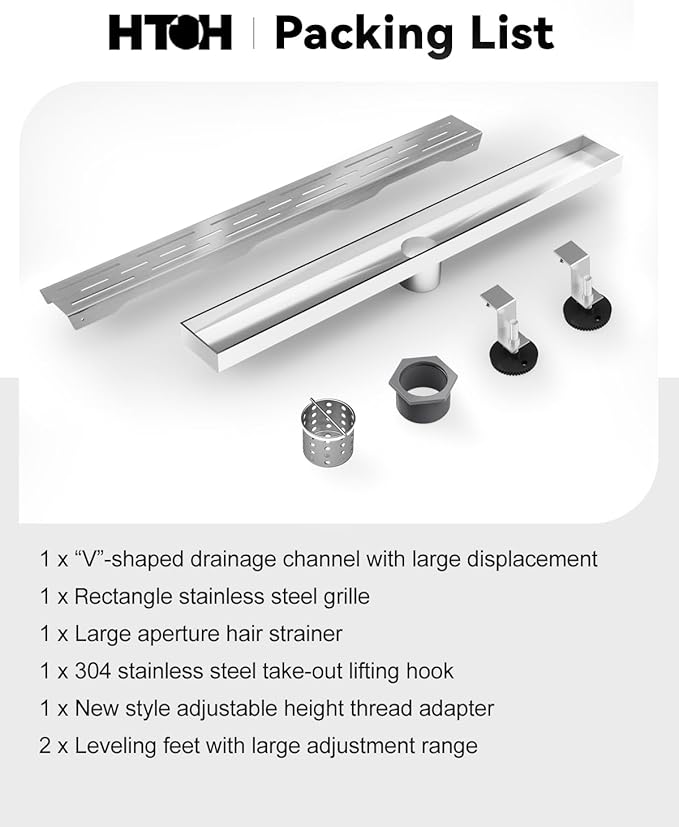 Shower Drain Stainless Steel for Bathroom: Brushed Nickel Linear Shower Drain 28 Inch with Removable Brick Pattern Grate - Adjustable Rectangular Shower Floor Drain with Hair Strainer