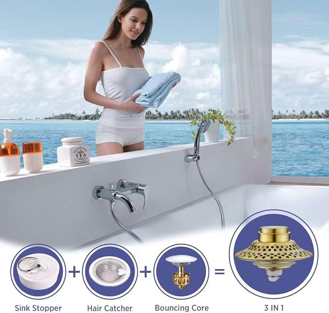 Universal Bathtub Drain Stopper with Removable Hair Catcher, 3-in-1 Pop-up Drain Plug Fits 1.38 to 2.1 Inch Holes, Upgrade Shower Drain Cover with Stainless Steel Filter