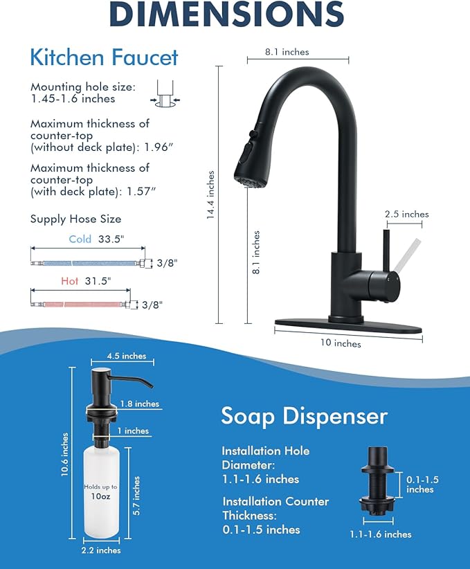 VFAUOSIT Kitchen Faucet with Escutcheons and Soap Dispenser, 3-Mode Black Stainless Steel Kitchen Faucet Escutcheons for 2 to 4-Hole Bar Laundry RV Utility Sink