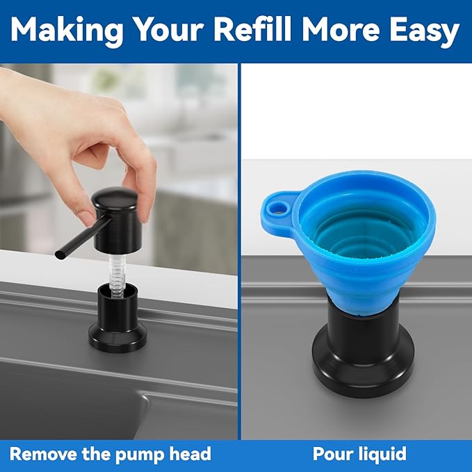 Dish Soap Dispenser, Kitchen Sink Soap Dispenser Pump with 17 OZ Bottle, Refill from The Top, Wide Pump Head Base (Black)