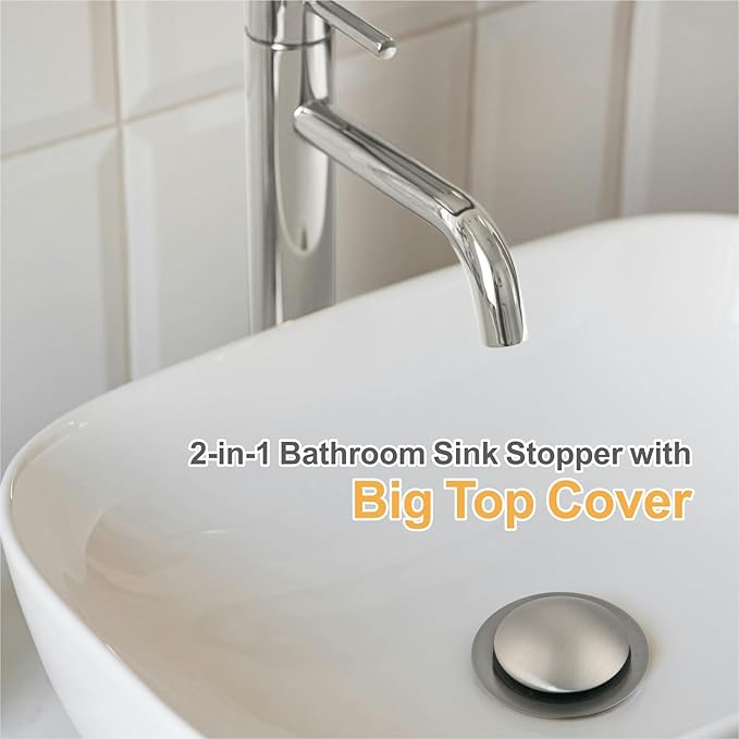 2 Pack Brushed Nickel Bathroom Sink Stopper Pop Up, Wellup 2-in-1 Bathroom Sink Drain Stopper for 1 1/8"-1 1/2" Sink Drain Hole, Universal Sink Stopper Strainer with Hair Catcher
