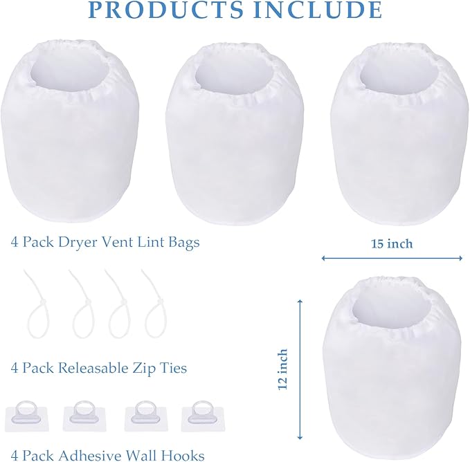 4 Pack Dryer Vent Lint Catcher Bags, Lint Trap Catcher for Dryer Vent, Indoor Outdoor Dryer Lint Catcher Trap and Filter, Dust Catching for Ventless Dryer Vent to Capturing Lint and Dust