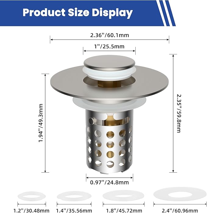 Universal Bathroom Sink Drain Strainer Hair Catcher 2PCS Upgraded with Removable Stainless Steel Filter Basket, 3 in 1 Pop Up Sink Stopper for 1.1''~2.36'' Sink Basin Hole, Brushed Nickel