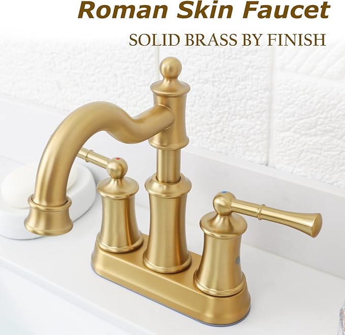 Roman Bathroom Sink Faucet Deck Mount or Wall Mount Installation Pop-up Drain Assembly with Overflow Deck Plate and Water Supply Lines Included (2 Hole Deck Mount, Brushed Gold)