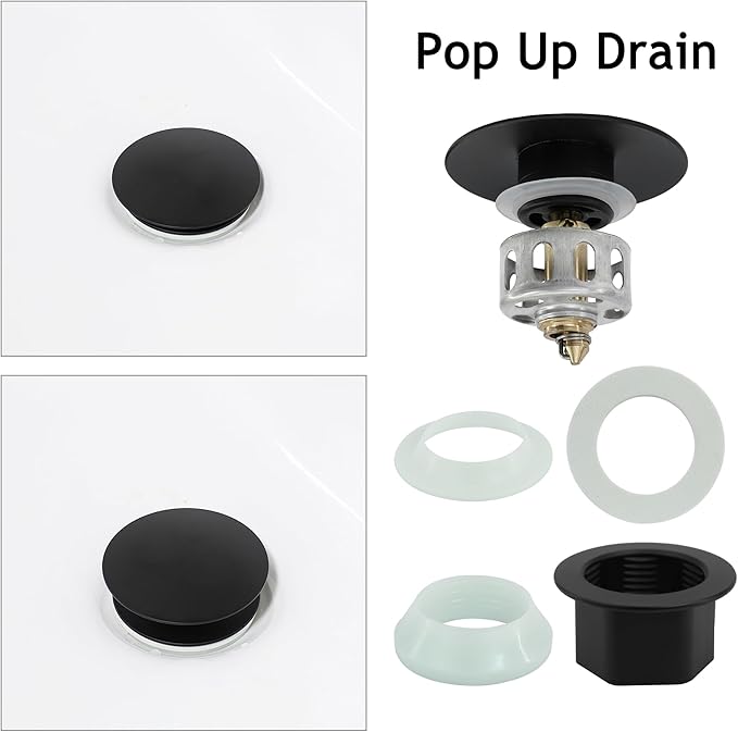 Bathroom Sink Drain,Drain Stopper Bathroom Sink Without Overflow,Pop Up Drain Assembly with Detachable Strainer Basket,Built-in Anti-Clogging, Stainless Steel Nut Mattle Black