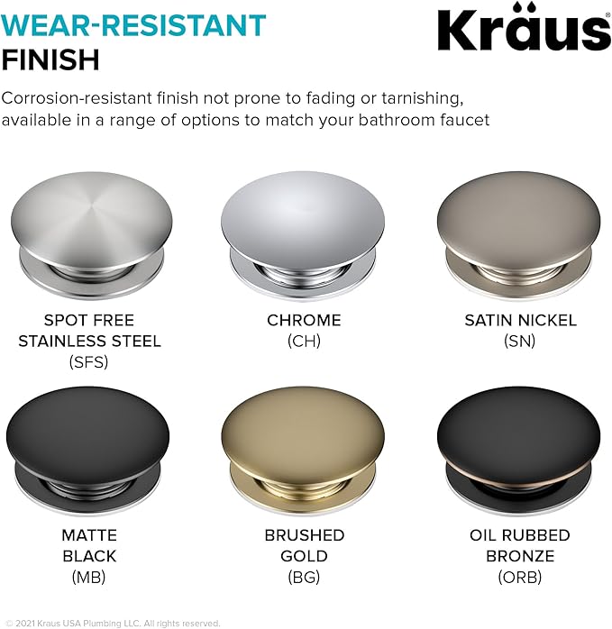 KRAUS Bathroom Sink Pop-Up Drain Assembly in Matte Black for Vessel Sinks and Sinks without Overflow, with Extended Thread for Thicker Countertops, PU-L10MB