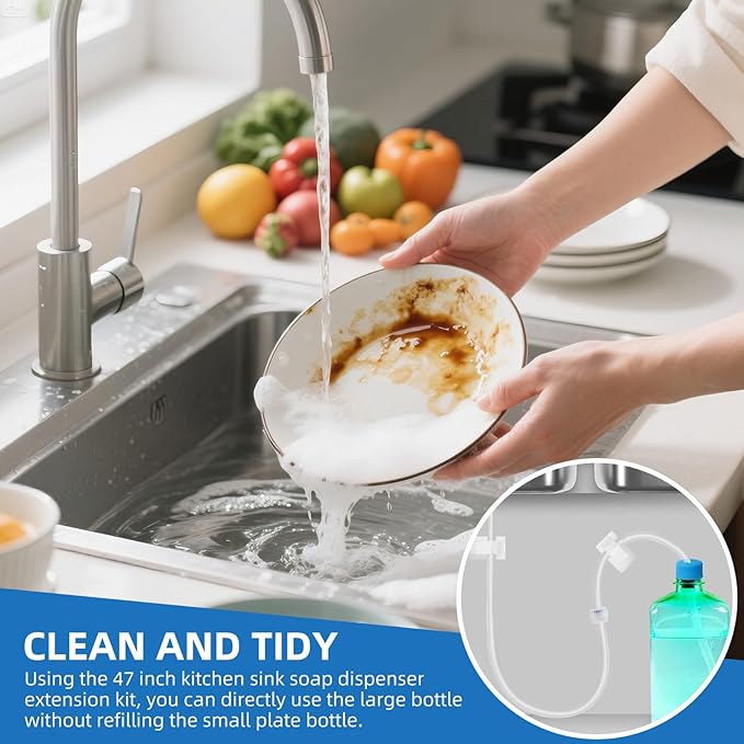 39" Under Sink Soap Dispenser Kit with Check Valve, Premium Food-Grade Silicone Tube & Universal Caps, Converts Countertop Dispenser to Use Large Bulk Bottles (Single-Tube)