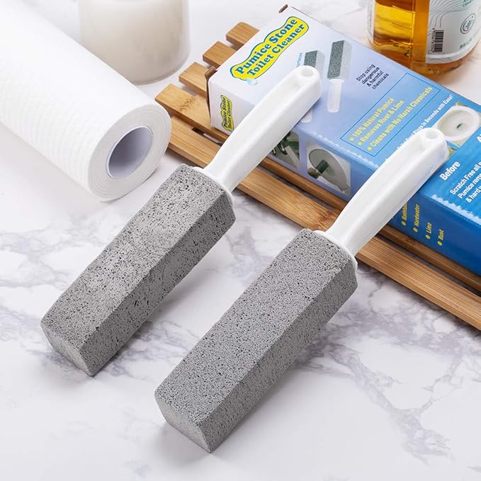 2 Pack Pumice Stone Toilet Bowl Cleaner with Handle, Hard Water Ring Remover & Stain Scrubber for Bathroom, Pool, Sink and Tub, Ergonomic Heavy Duty Cleaning Tool