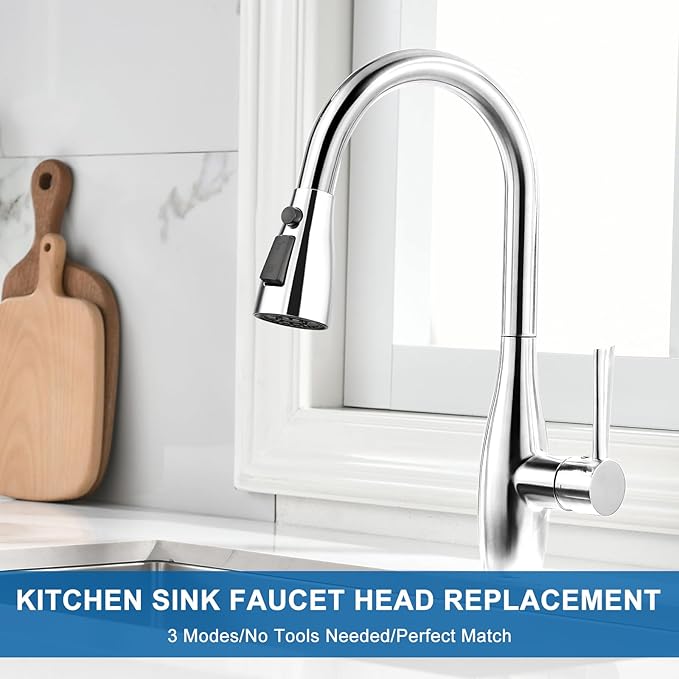 Kitchen Faucet Head Replacement, Premium 3 Function Pull Down Spray Head with 9 Adapters, Kitchen Sink Faucet Head Compatible with American Standard, Moen/Delta Faucets, Chrome